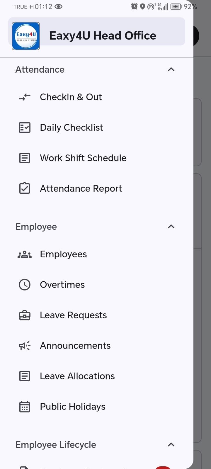 Eaxy4U HRM and Payroll mobile navigation
